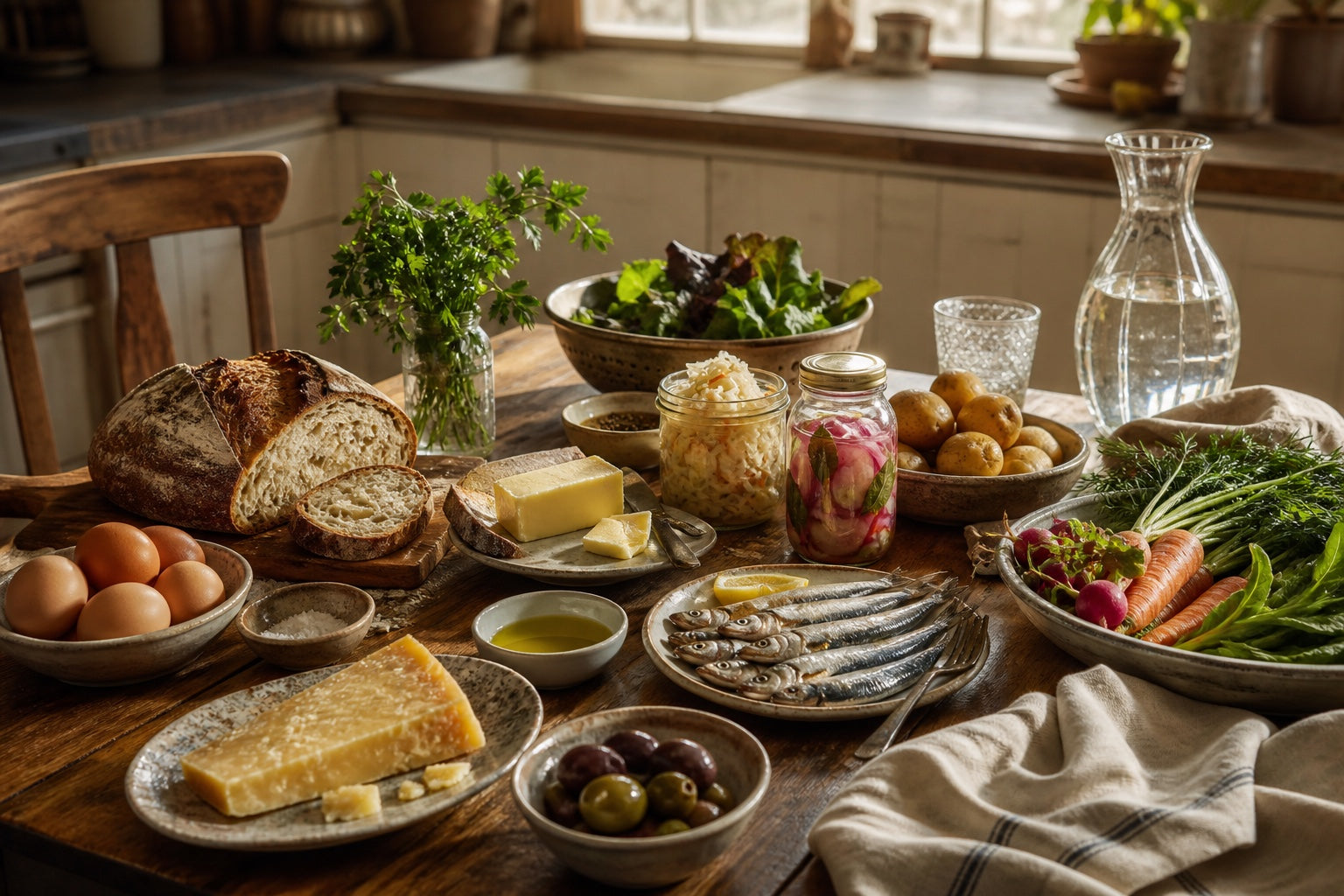 Whole foods arranged on a warm kitchen table