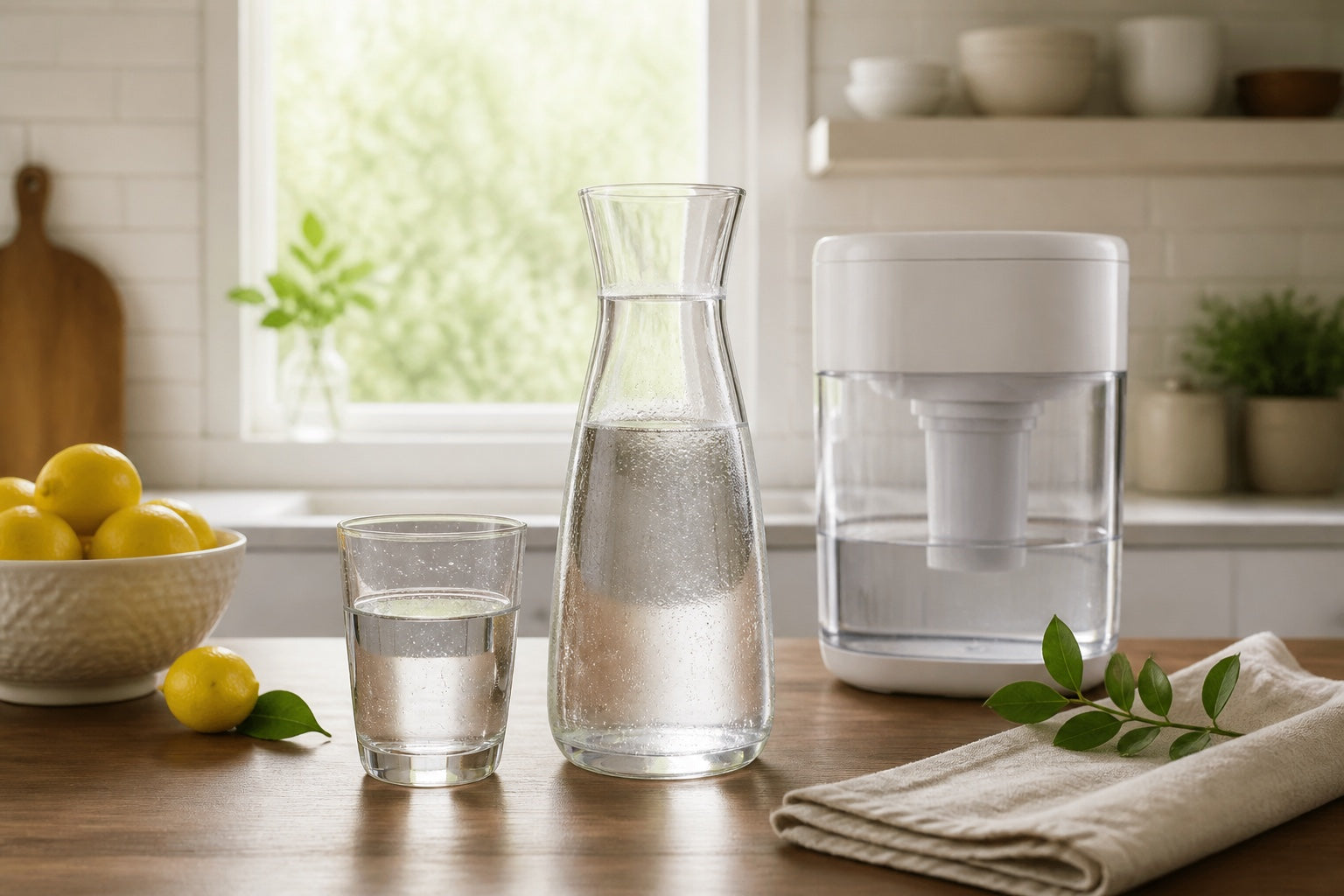 Filtered water in a glass and carafe on a kitchen counter