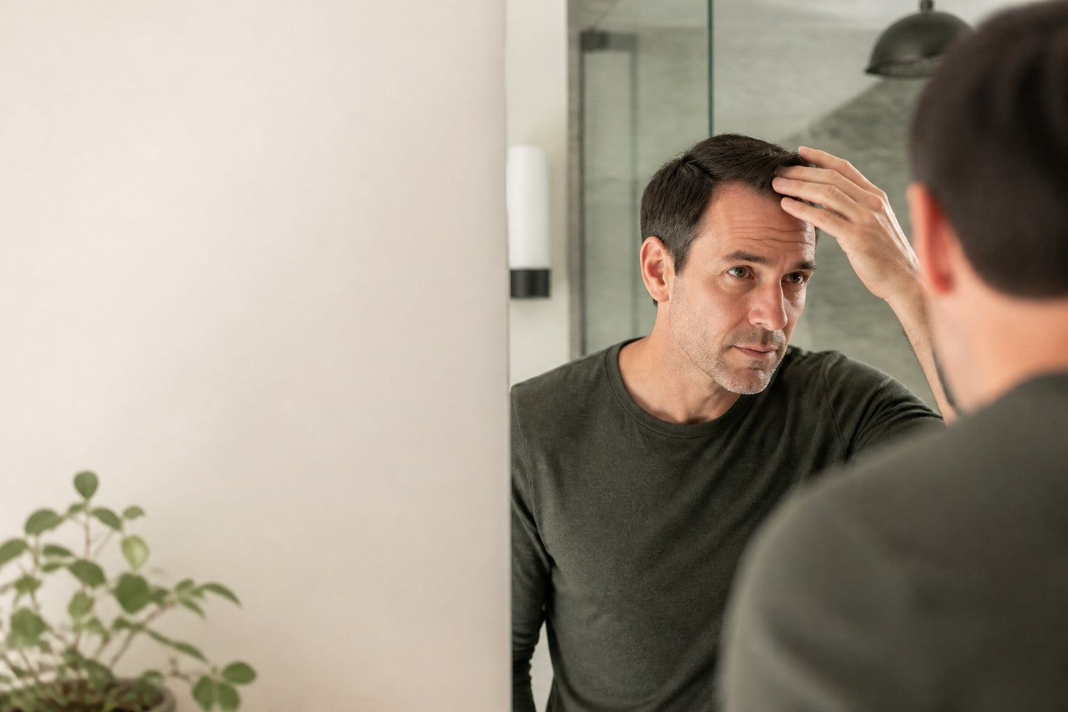 A man calmly checking his hairline in a mirror