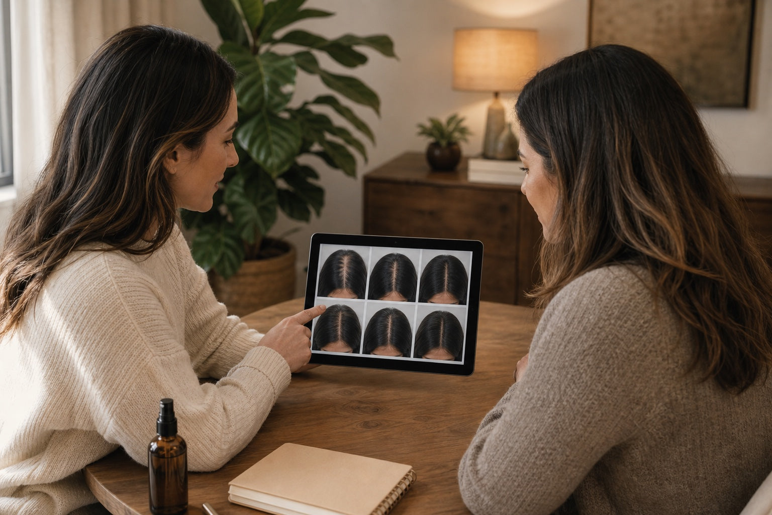 Practitioner reviewing standardized hair progress photographs