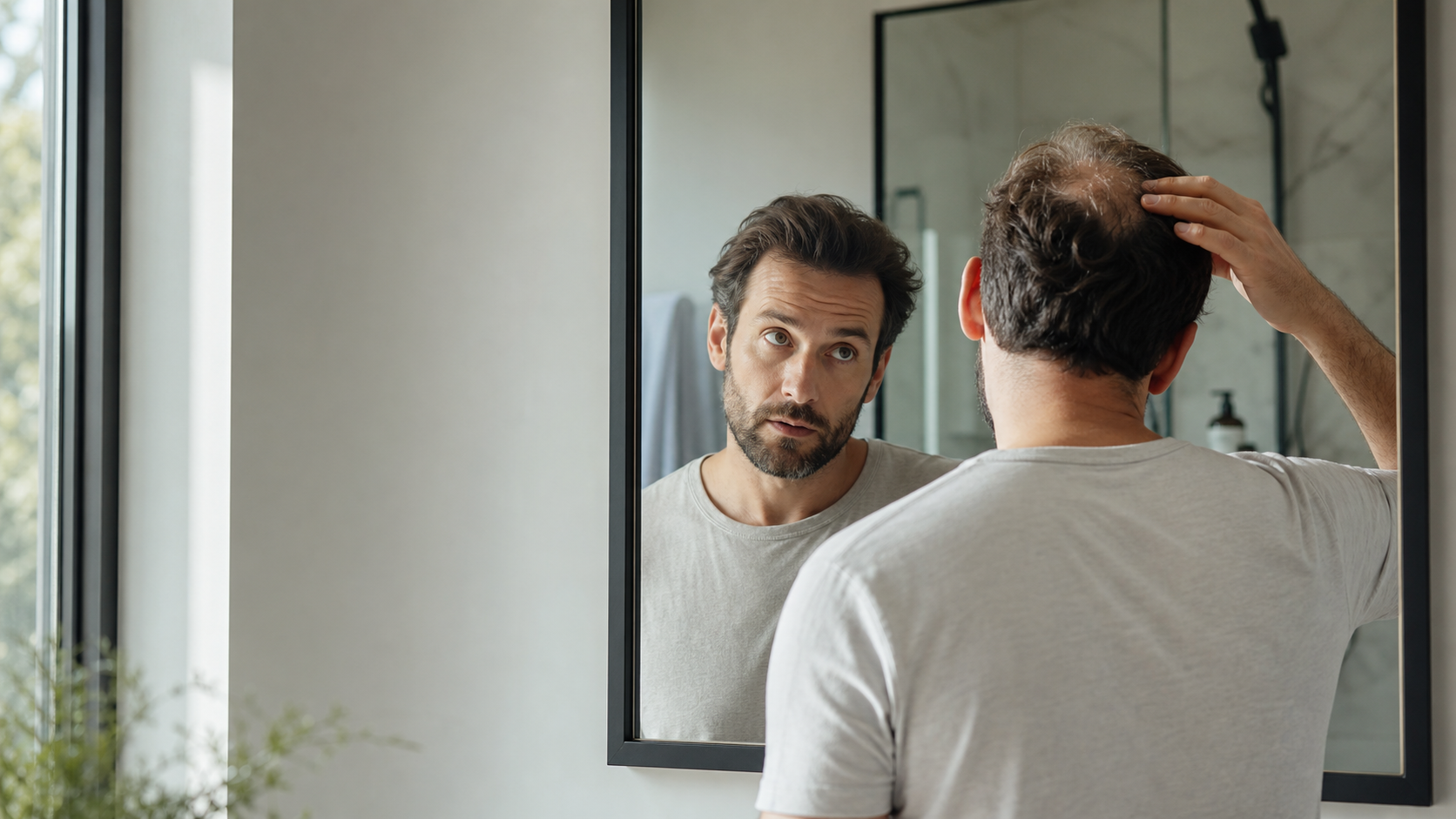 Man noticing crown thinning in a bathroom mirror