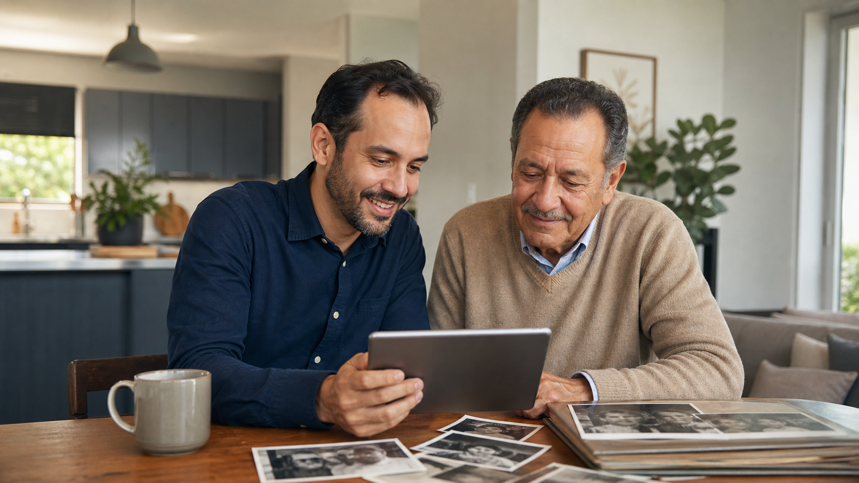 Father and adult son reviewing family photos with similar hairline patterns