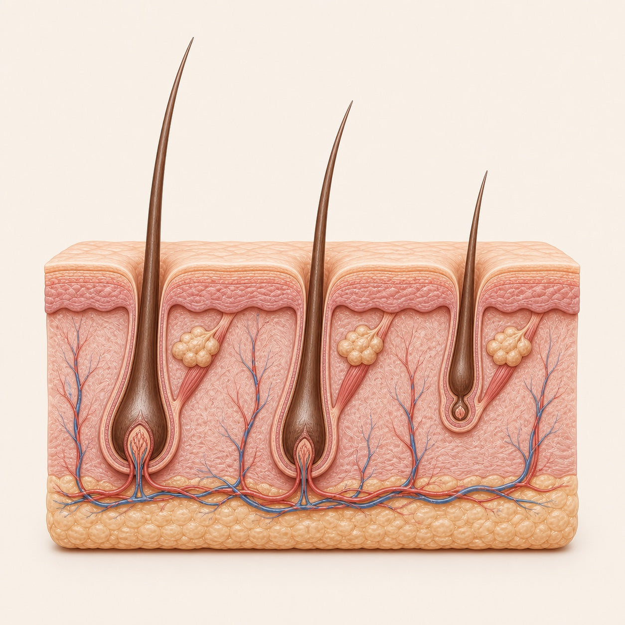 Follicles shown at different stages of the growth cycle