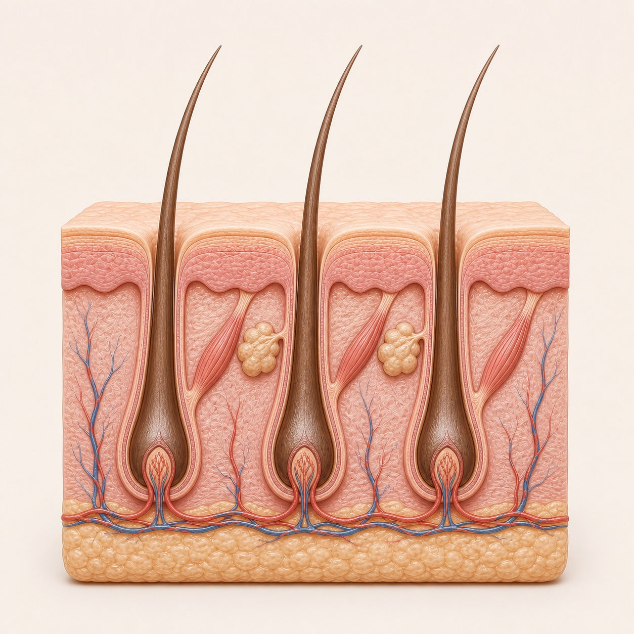 Three healthy terminal follicles producing thick hair fibers