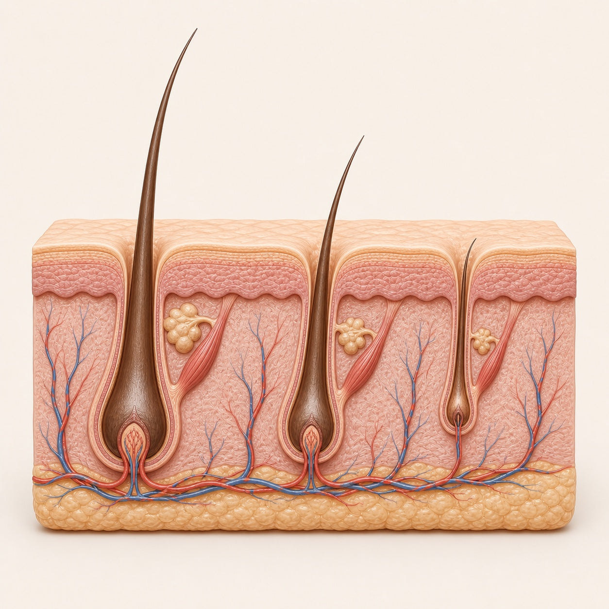 Three follicles showing progressive miniaturization