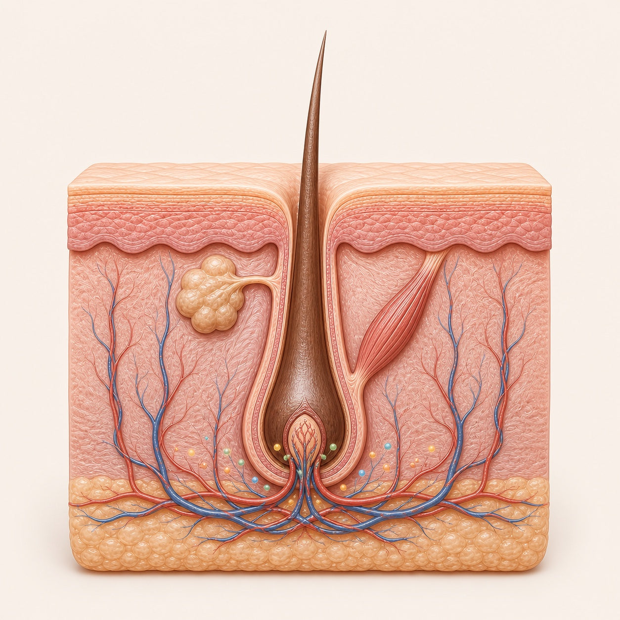 Nutrients traveling through capillaries toward a hair follicle
