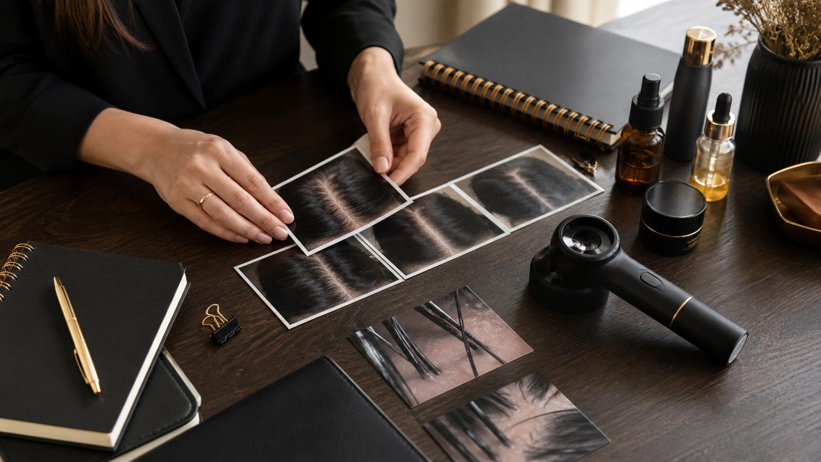 Hair progress photographs and trichology tools arranged for review