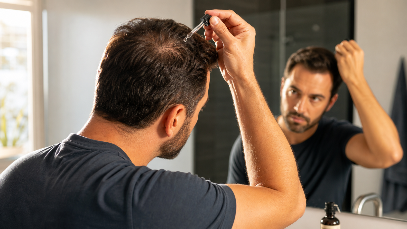 Man applying scalp serum after a hair transplant while monitoring native hair density