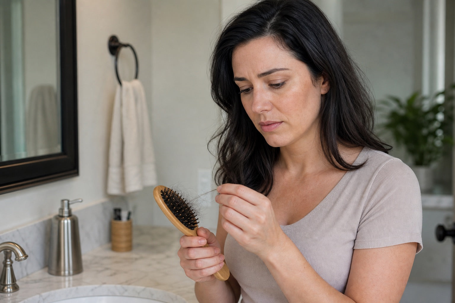 Woman examining shed hairs in a brush